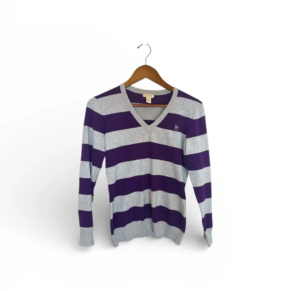 U.S. Polo Assn. Sport Sweater Women’s Medium Purple Gray Rugby Stripe Preppy - Picture 3 of 10